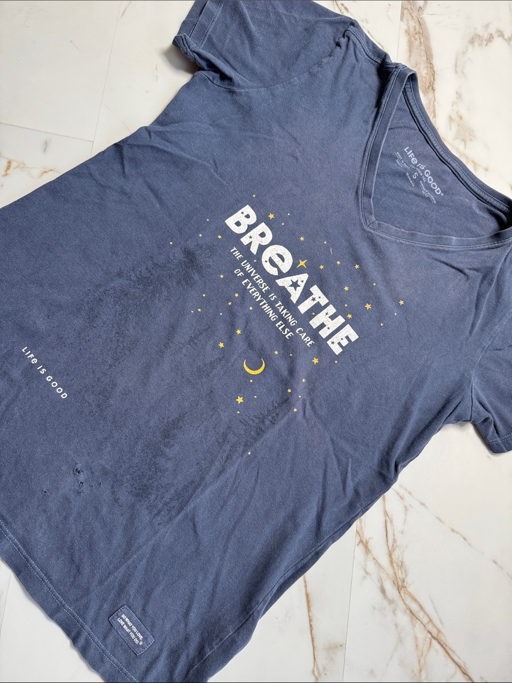 Life is Good Crusher Tee Sz S Breathe Universe Shirt Yoga Relax trendy